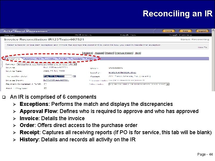 Reconciling an IR q An IR is comprised of 6 components Ø Exceptions: Performs