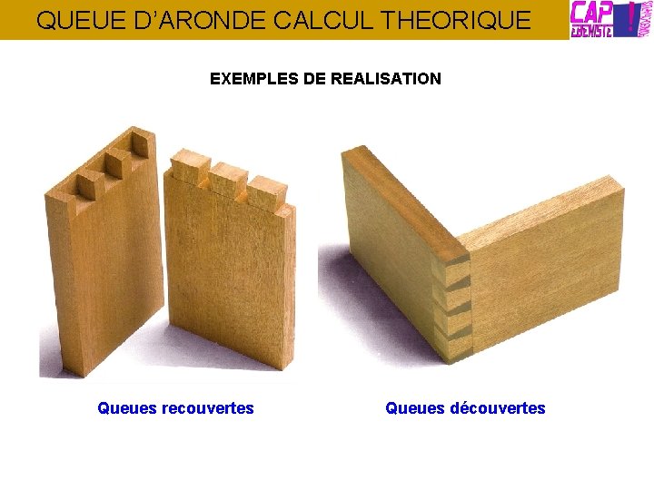 QUEUE D’ARONDE CALCUL THEORIQUE EXEMPLES DE REALISATION Queues recouvertes Queues découvertes 