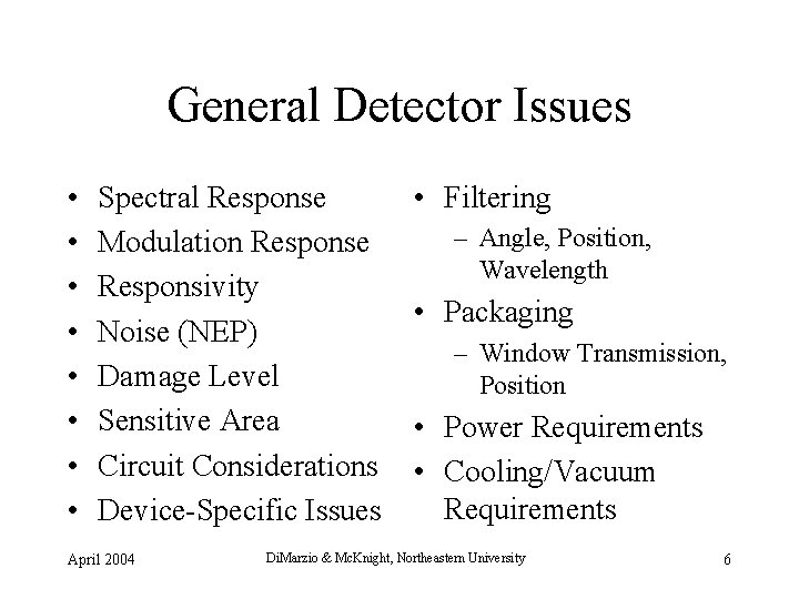 General Detector Issues • • Spectral Response Modulation Response Responsivity Noise (NEP) Damage Level