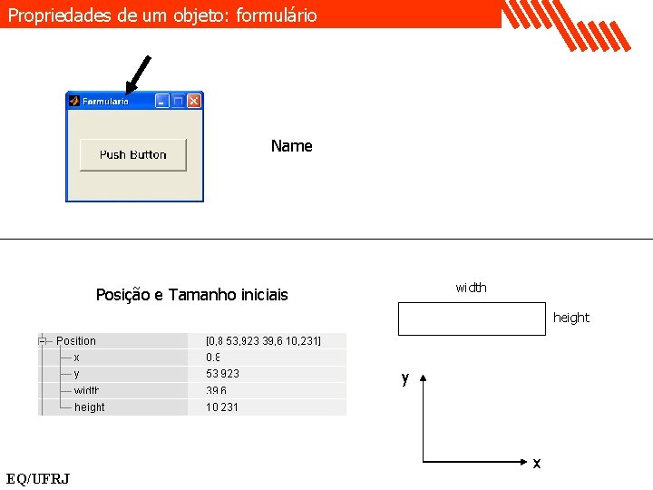 Propriedades de um objeto: formulário Name width Posição e Tamanho iniciais height y EQ/UFRJ