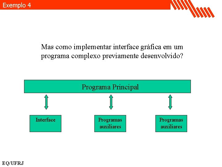 Exemplo 4 Mas como implementar interface gráfica em um programa complexo previamente desenvolvido? Programa