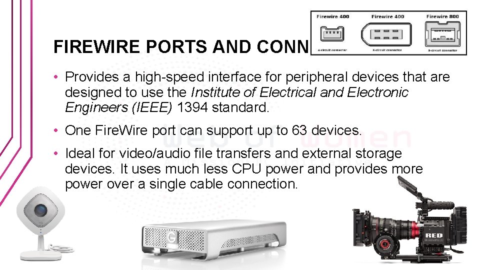 FIREWIRE PORTS AND CONNECTORS • Provides a high-speed interface for peripheral devices that are