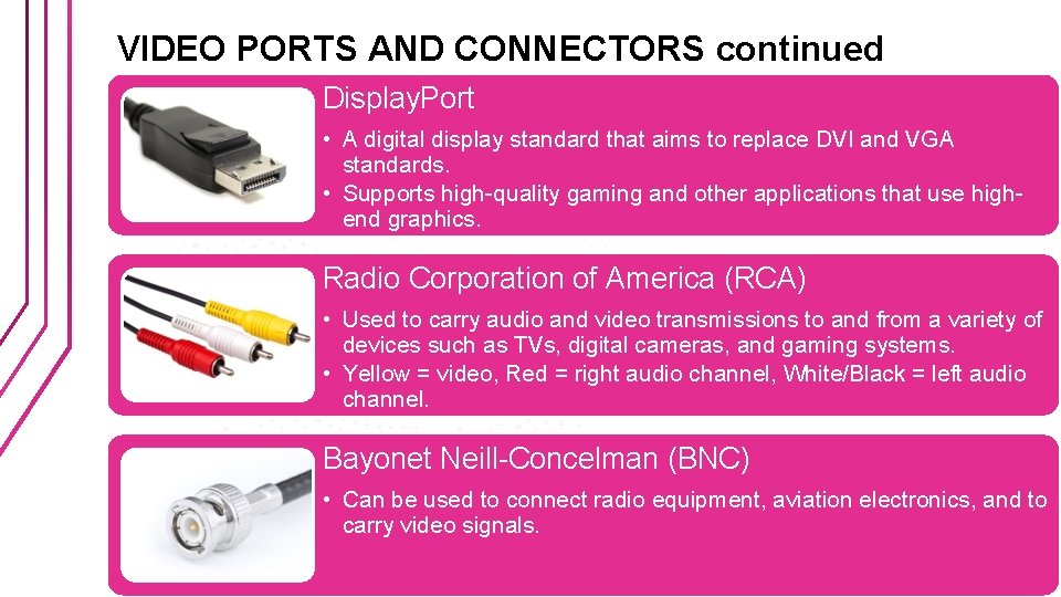 VIDEO PORTS AND CONNECTORS continued Display. Port • A digital display standard that aims