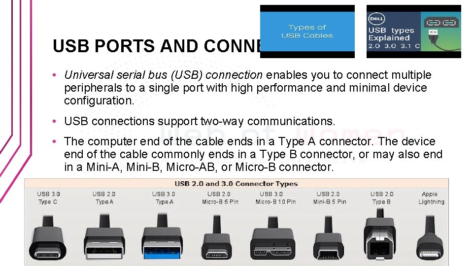 USB PORTS AND CONNECTORS • Universal serial bus (USB) connection enables you to connect
