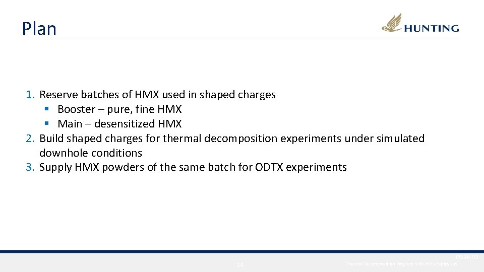 Plan 1. Reserve batches of HMX used in shaped charges § Booster – pure,