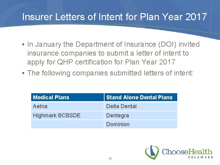 Insurer Letters of Intent for Plan Year 2017 • In January the Department of