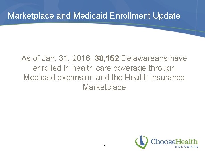 Marketplace and Medicaid Enrollment Update As of Jan. 31, 2016, 38, 152 Delawareans have