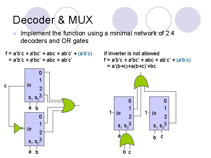 Decoder & MUX l Implement the function using a minimal network of 2: 4