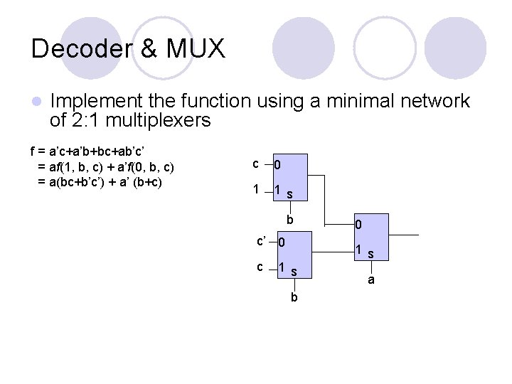 Decoder & MUX l Implement the function using a minimal network of 2: 1