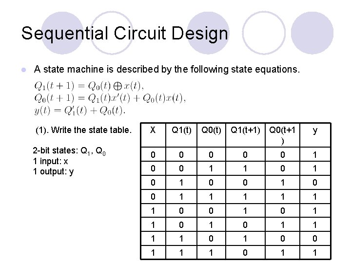 Sequential Circuit Design l A state machine is described by the following state equations.