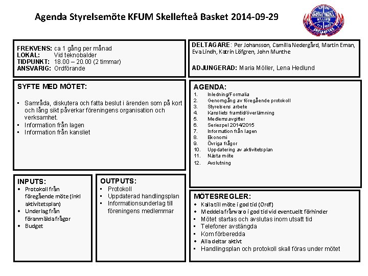 Agenda Styrelsemöte KFUM Skellefteå Basket 2014 -09 -29 FREKVENS: ca 1 gång per månad