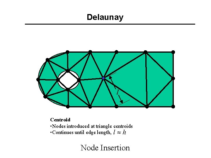 Delaunay l Centroid • Nodes introduced at triangle centroids • Continues until edge length,