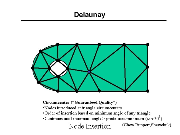 Delaunay Circumcenter (“Guaranteed Quality”) • Nodes introduced at triangle circumcenters • Order of insertion