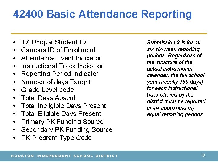 42400 Basic Attendance Reporting • • • • TX Unique Student ID Campus ID