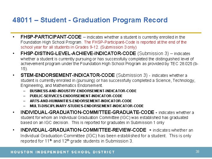48011 – Student - Graduation Program Record • FHSP-PARTICIPANT-CODE – indicates whether a student