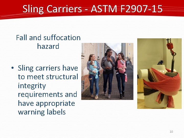 Sling Carriers - ASTM F 2907 -15 Fall and suffocation hazard • Sling carriers