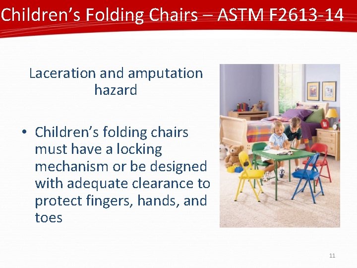 Children’s Folding Chairs – ASTM F 2613 -14 Laceration and amputation hazard • Children’s