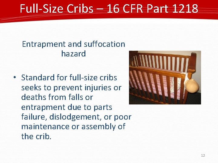 Full-Size Cribs – 16 CFR Part 1218 Entrapment and suffocation hazard • Standard for