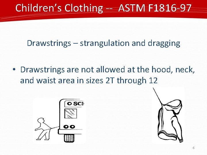 Children’s Clothing -- ASTM F 1816 -97 Drawstrings – strangulation and dragging • Drawstrings