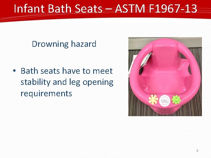 Infant Bath Seats – ASTM F 1967 -13 Drowning hazard • Bath seats have