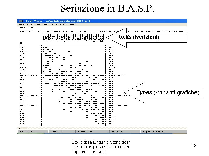 Seriazione in B. A. S. P. Units (iscrizioni) Types (Varianti grafiche) Storia della Lingua