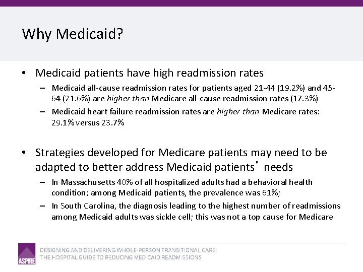 Why Medicaid? • Medicaid patients have high readmission rates – Medicaid all-cause readmission rates