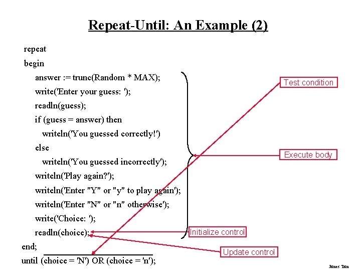 Repeat-Until: An Example (2) repeat begin answer : = trunc(Random * MAX); Test condition