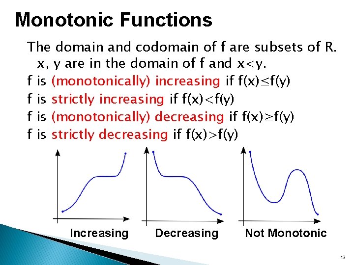 Monotonic Functions The domain and codomain of f are subsets of R. x, y