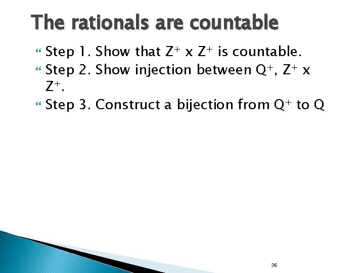 The rationals are countable Step 1. Show that Z+ x Z+ is countable. Step