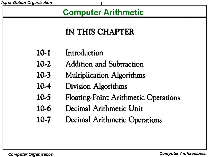 Input-Output Organization 1 Computer Arithmetic Computer Organization Computer Architectures 