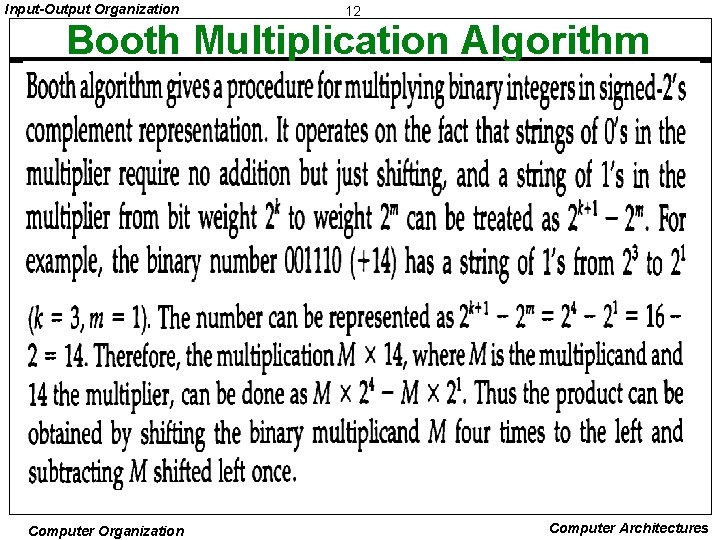 Input-Output Organization 12 Booth Multiplication Algorithm Computer Organization Computer Architectures 