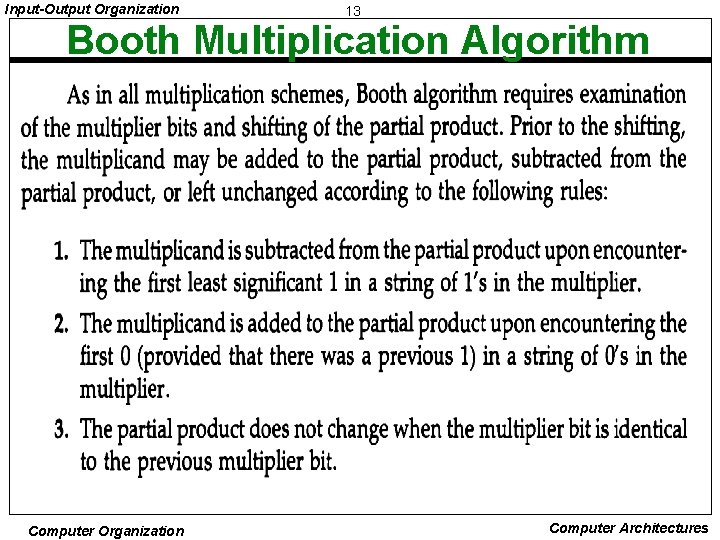 Input-Output Organization 13 Booth Multiplication Algorithm Computer Organization Computer Architectures 