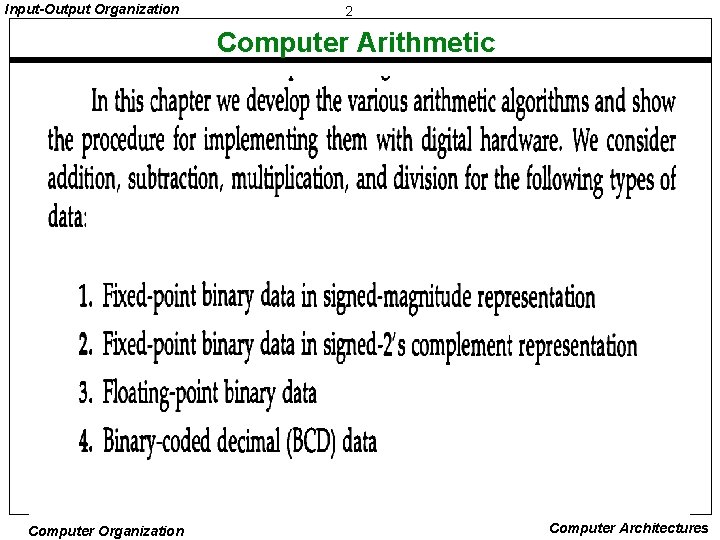 Input-Output Organization 2 Computer Arithmetic Computer Organization Computer Architectures 