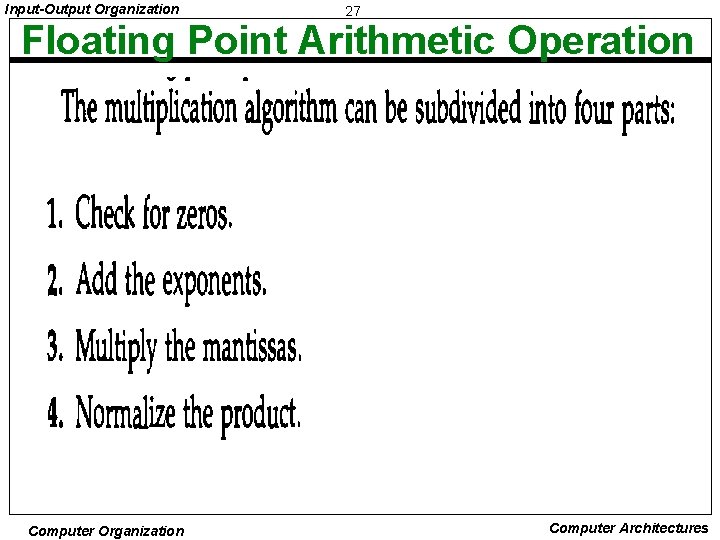Input-Output Organization 27 Floating Point Arithmetic Operation Computer Organization Computer Architectures 