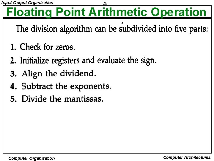 Input-Output Organization 29 Floating Point Arithmetic Operation Computer Organization Computer Architectures 