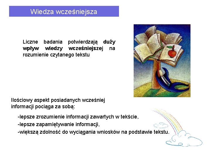 Wiedza wcześniejsza Liczne badania potwierdzają duży wpływ wiedzy wcześniejszej na rozumienie czytanego tekstu Ilościowy