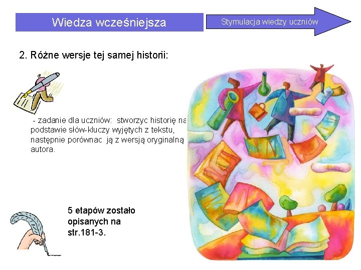 Wiedza wcześniejsza 2. Różne wersje tej samej historii: - zadanie dla uczniów: stworzyc historię