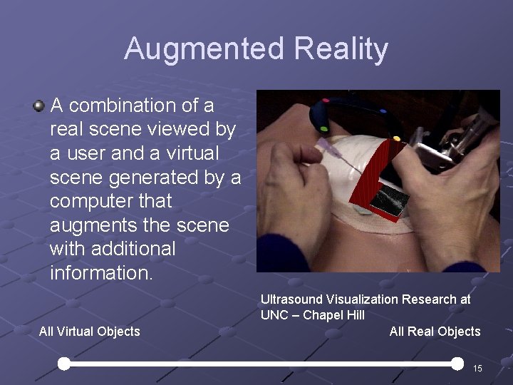 Augmented Reality A combination of a real scene viewed by a user and a