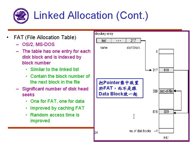 Linked Allocation (Cont. ) • FAT (File Allocation Table) – OS/2, MS-DOS – The