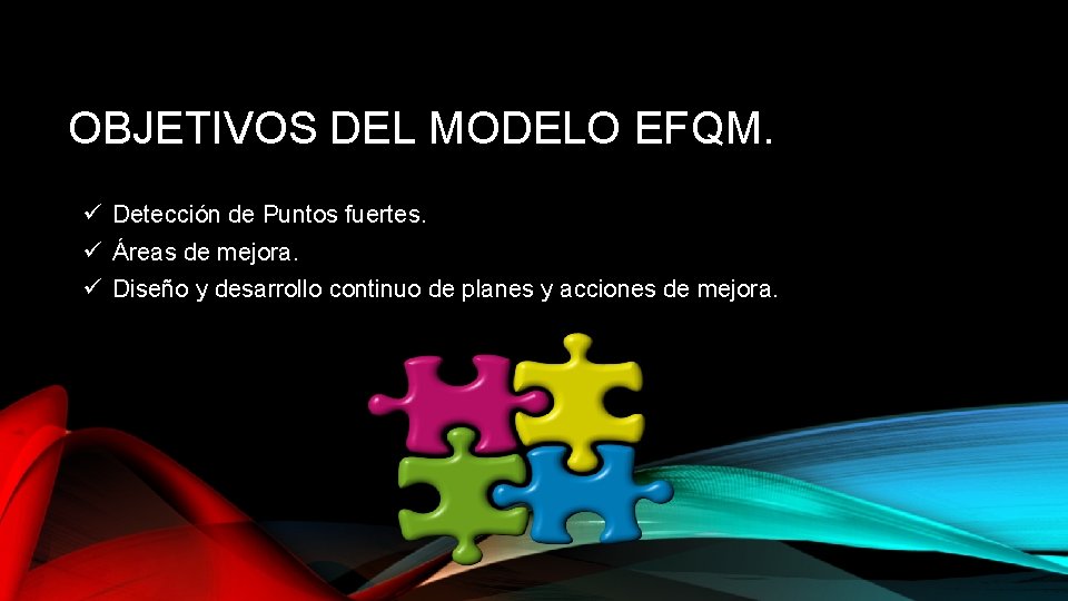 OBJETIVOS DEL MODELO EFQM. ü Detección de Puntos fuertes. ü Áreas de mejora. ü