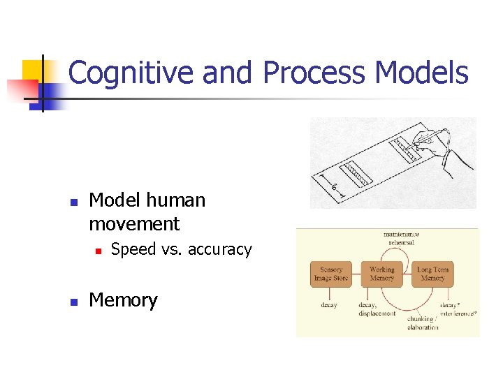 Cognitive and Process Models n Model human movement n n Speed vs. accuracy Memory Cognitive and Process Models n Model human movement n n Speed vs. accuracy Memory