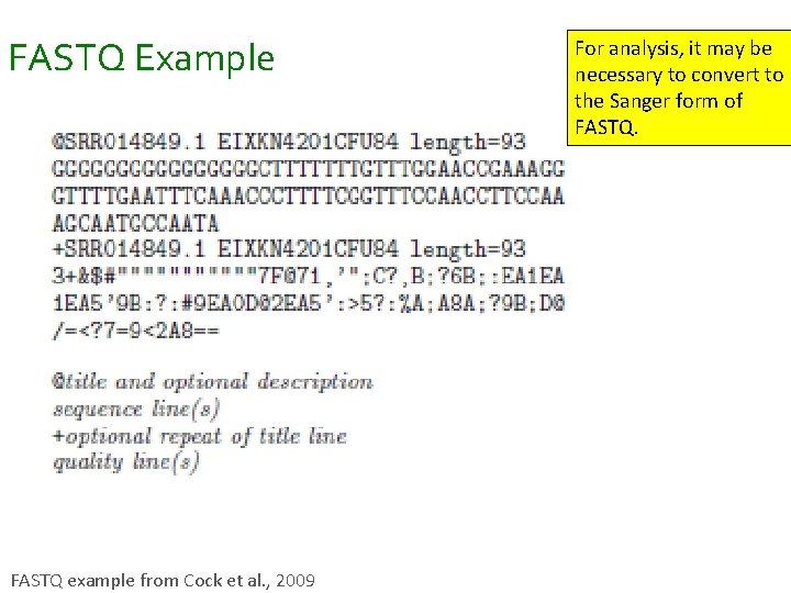 FASTQ Example FASTQ example from Cock et al. , 2009 For analysis, it may FASTQ Example FASTQ example from Cock et al. , 2009 For analysis, it may