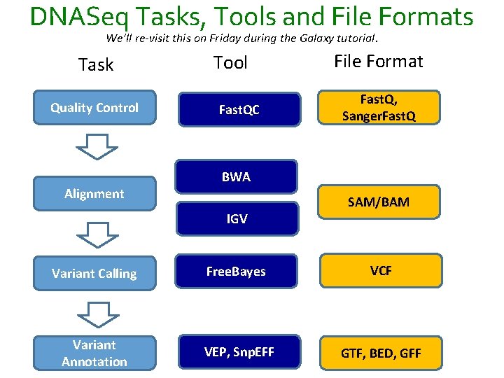 DNASeq Tasks, Tools and File Formats We’ll re-visit this on Friday during the Galaxy DNASeq Tasks, Tools and File Formats We’ll re-visit this on Friday during the Galaxy