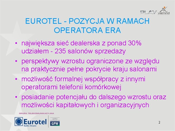 EUROTEL - POZYCJA W RAMACH OPERATORA ERA • największa sieć dealerska z ponad 30%