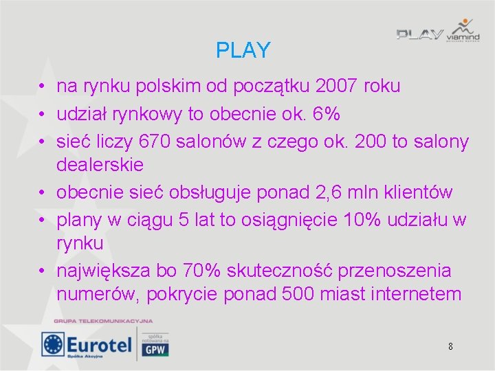 PLAY • na rynku polskim od początku 2007 roku • udział rynkowy to obecnie