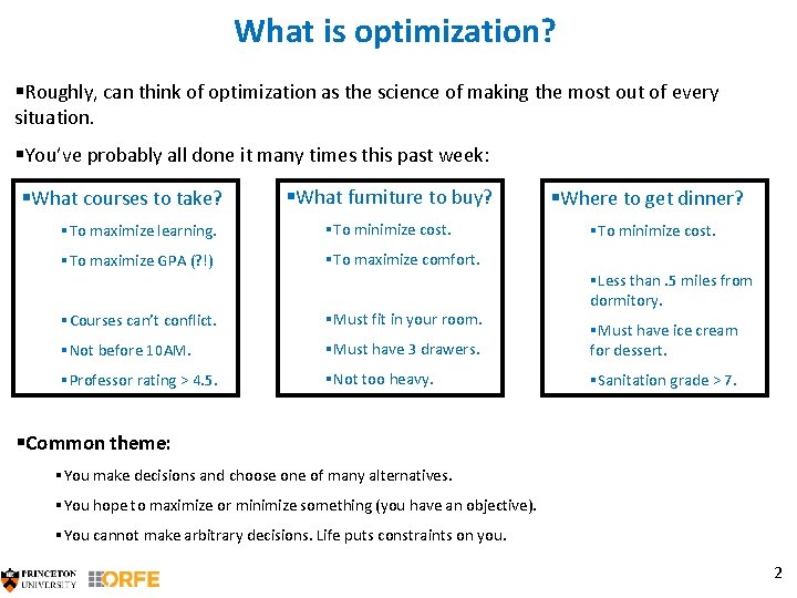 What is optimization? §Roughly, can think of optimization as the science of making the