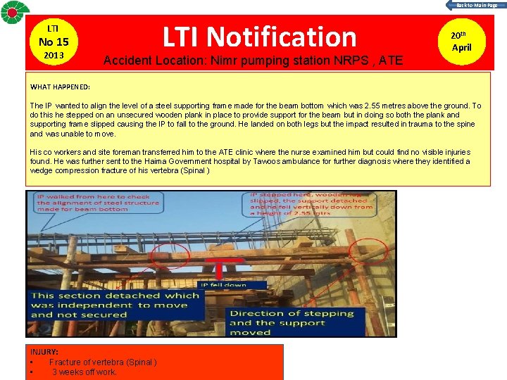 Back to Main Page LTI No 15 2013 LTI Notification Accident Location: Nimr pumping