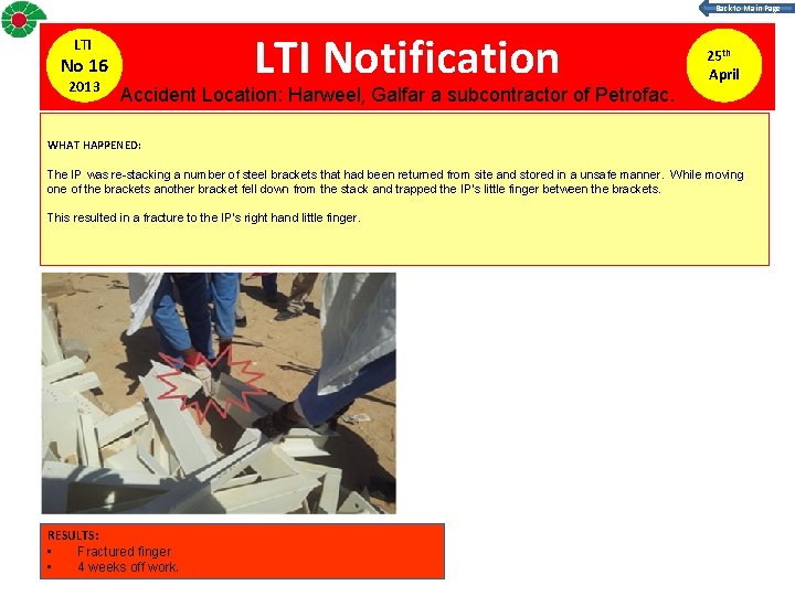 Back to Main Page LTI No 16 2013 LTI Notification 25 th April Accident