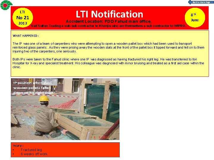 Back to Main Page LTI Notification LTI No 21 2013 Accident Location: PDO Fahud