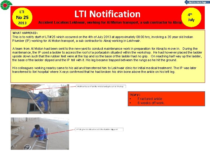 Back to Main Page LTI No 25 2013 LTI Notification Accident Location: Lekhwair, working